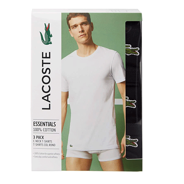 Lacoste Essentials 100% Cotton Black Men Crew Neck Slim T-Shirts 3 Pack TH3321