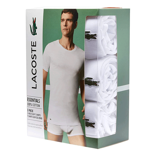 Lacoste Essentials 100% Cotton White Men Crew Neck Slim T-Shirts (3 Pack) TH3321